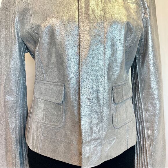 Bebe metallic silver crackled Leather Moto jacket Sz M - Picture 8 of 16